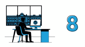 Homme travaillant sur WordPress, bâtiment en arrière-plan.