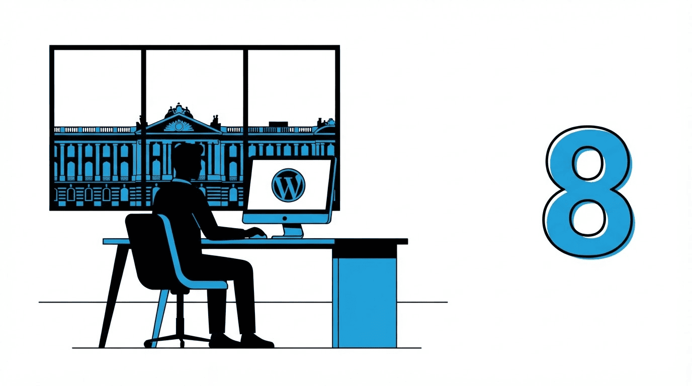 Homme travaillant sur WordPress, bâtiment en arrière-plan.
