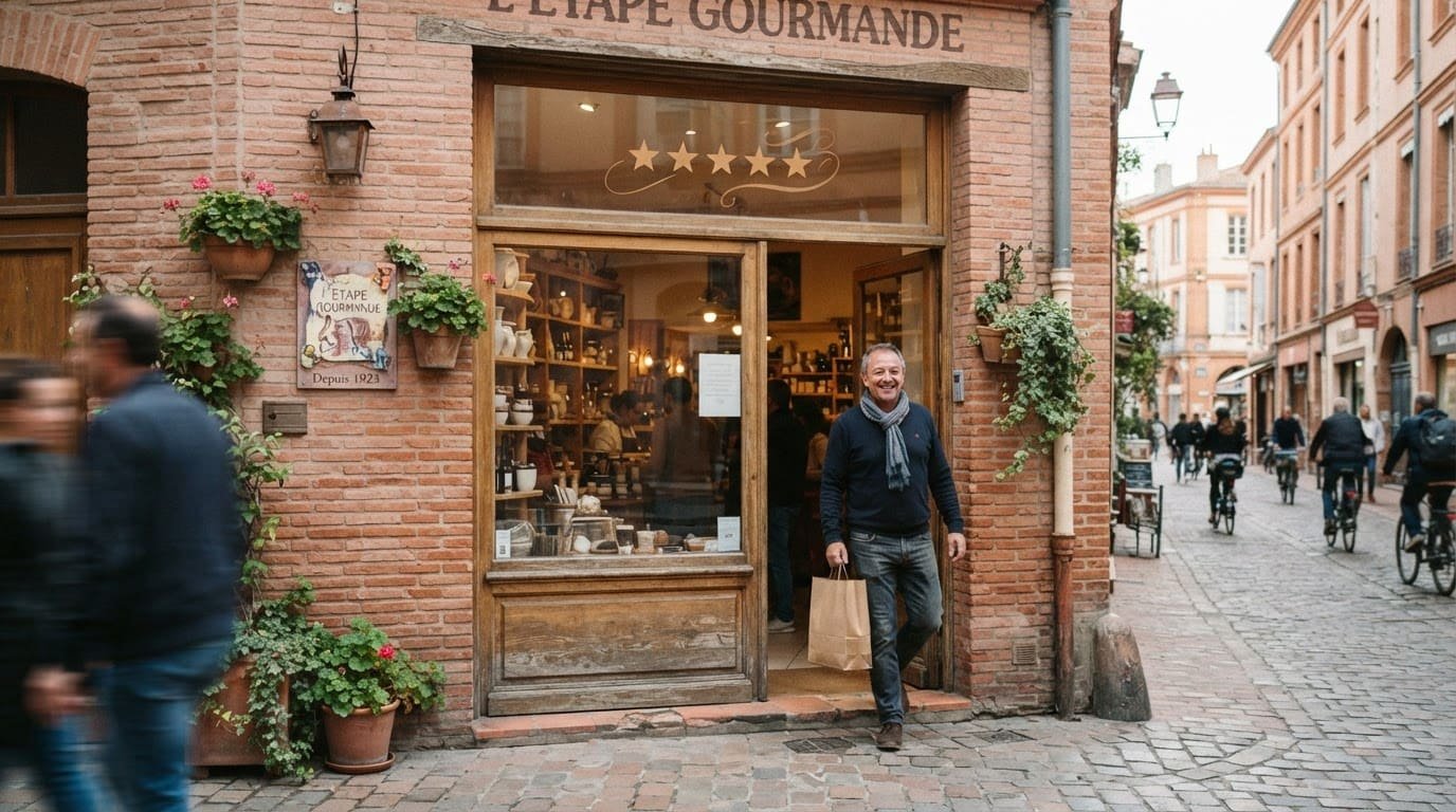 Homme sortant d'un magasin gourmand.