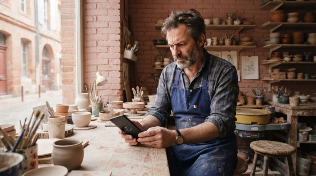 Artisan dans son atelier, regardant son téléphone.