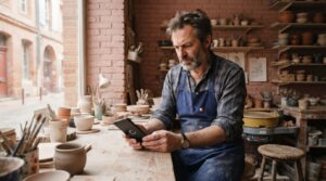Artisan dans son atelier, regardant son téléphone.